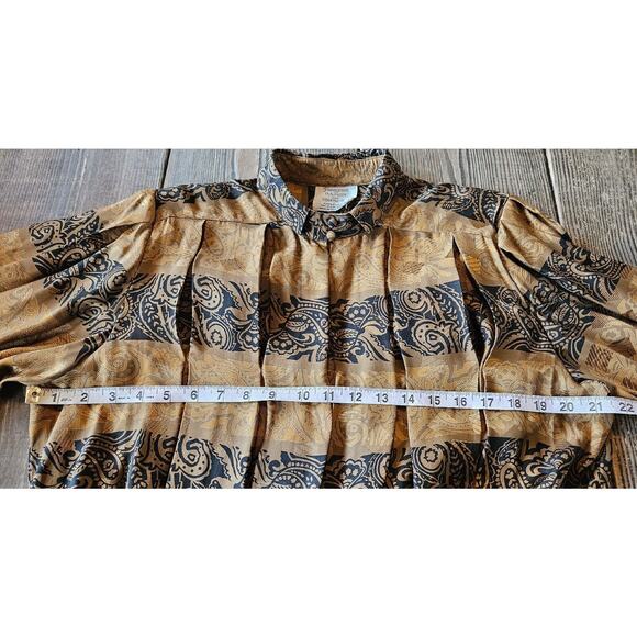 Vintage Francesca of Damon Dress Womens Size 14 Silk Gold Black Pleated Tie 80s - Picture 9 of 11